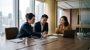 Law firm partners and a business development lead reviewing pitch materials in a meeting room in Asia